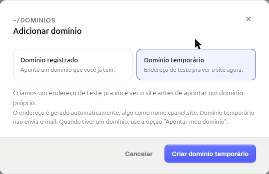 Janela Adicionar domínio com a opção Domínio temporário marcada, a explicação sobre o endereço de teste e o botão Criar domínio temporário
