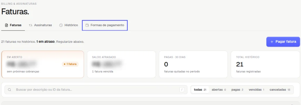 Página Faturas com a aba Formas de pagamento destacada