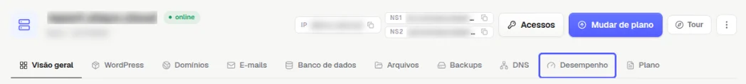 Fileira de abas da página do site com a aba Desempenho destacada