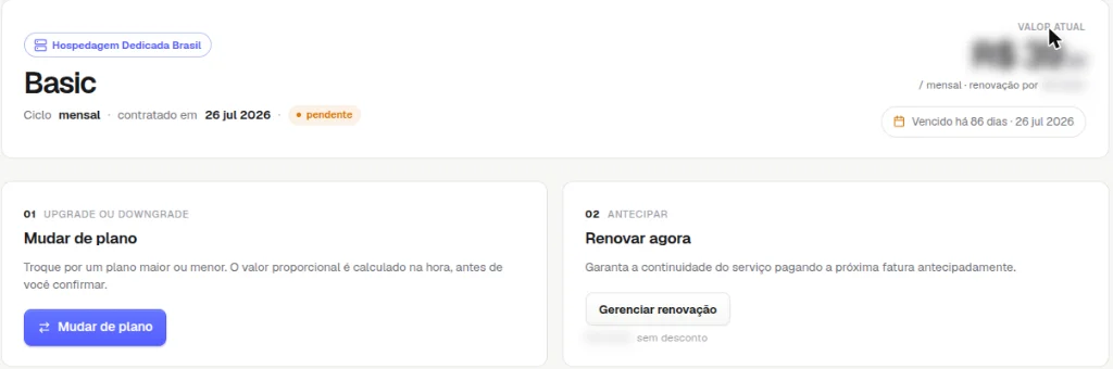 Aba Plano de uma hospedagem com o plano Basic, ciclo mensal, valor atual e as opções Mudar de plano e Renovar agora