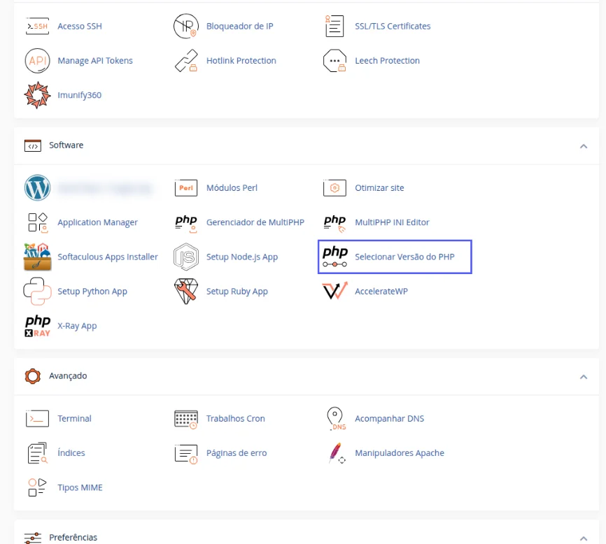 Bloco Software da tela inicial do cPanel com o ícone Selecionar Versão do PHP destacado, ao lado de Gerenciador de MultiPHP e MultiPHP INI Editor