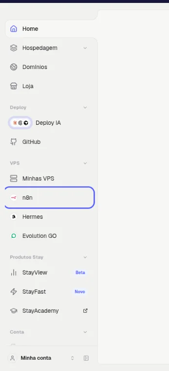Menu da esquerda com os itens n8n, Hermes e Evolution GO na seção VPS, e o n8n destacado