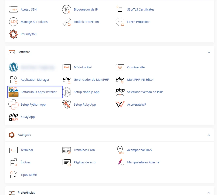 Bloco Software da tela inicial do cPanel com o ícone Softaculous Apps Installer destacado
