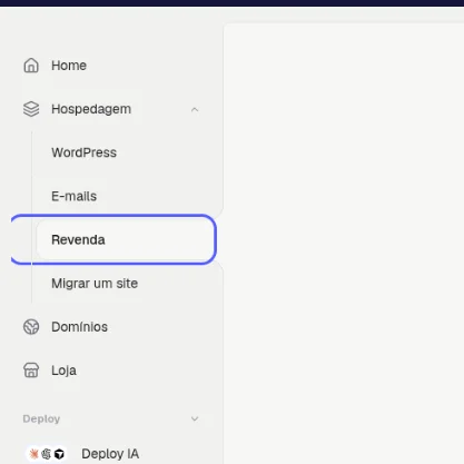 Menu da esquerda com o subitem Revenda, dentro de Hospedagem, destacado