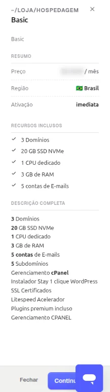 Painel lateral Saiba mais do plano Basic, com resumo, região Brasil, ativação imediata, recursos inclusos e os botões Fechar e Continuar