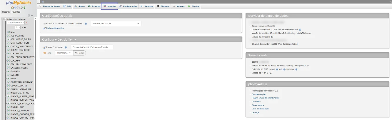 phpMyAdmin com a lista de bancos à esquerda e a aba Importar destacada no menu do topo