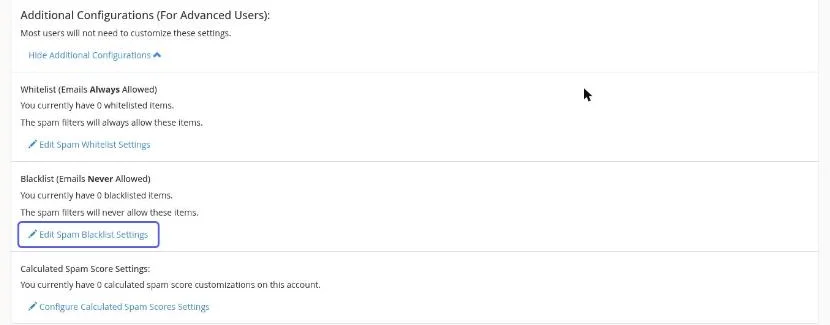 Configurações adicionais do Spam Filters com Whitelist, Blacklist e Calculated Spam Score Settings, e o link Edit Spam Blacklist Settings destacado