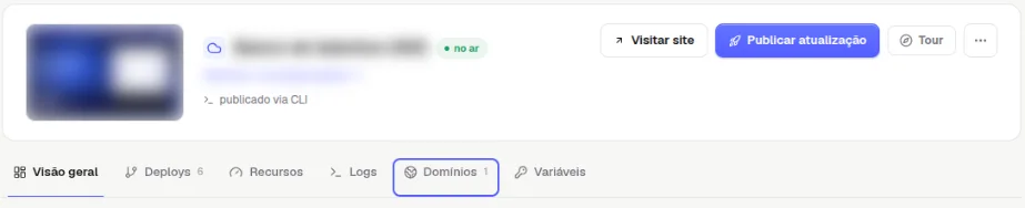 Topo do projeto com a aba Domínios destacada