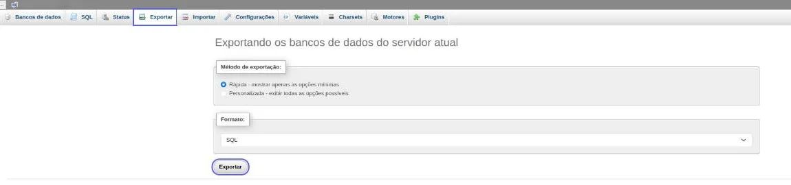 Tela de exportação do phpMyAdmin com a aba Exportar destacada, o método Rápida selecionado, o formato SQL e o botão Exportar destacado