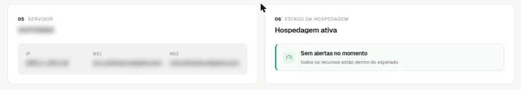 Blocos Servidor, com IP e nameservers borrados, e Estado da hospedagem mostrando Hospedagem ativa e Sem alertas no momento