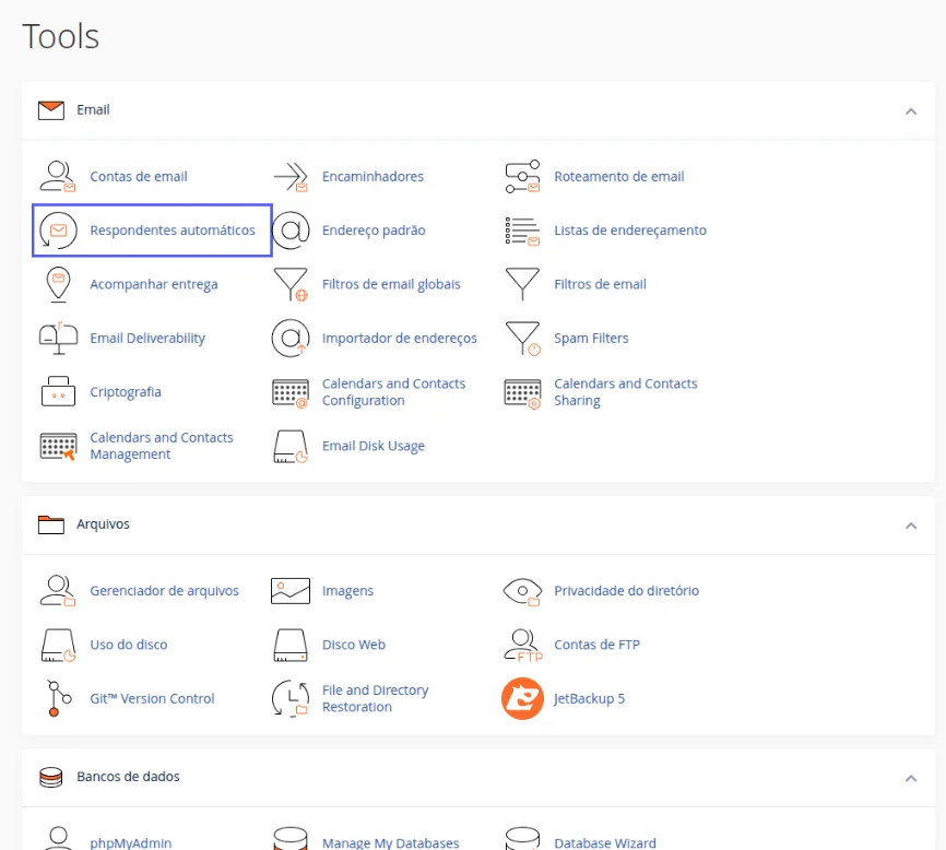 Bloco Email da tela inicial do cPanel com o ícone Respondentes automáticos destacado