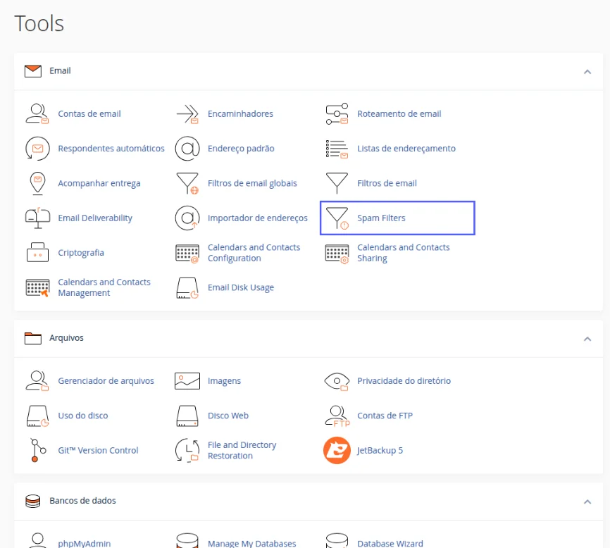 Bloco Email da tela inicial do cPanel com o ícone Spam Filters destacado