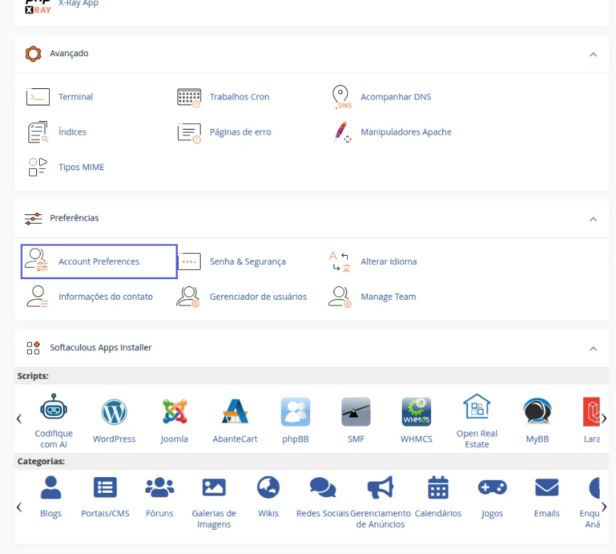 Bloco Preferências da tela inicial do cPanel com o ícone Account Preferences destacado, ao lado de Senha & Segurança e Alterar idioma