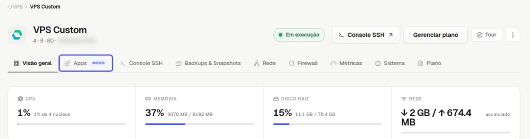 Abas da VPS com a aba Apps destacada