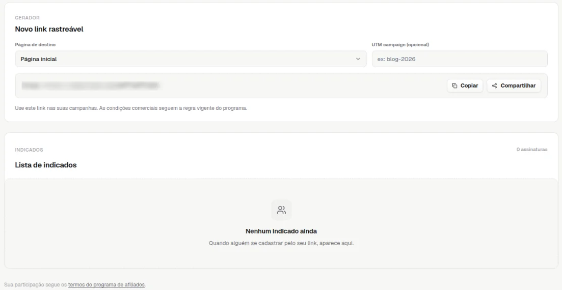 Gerador de novo link rastreável, com página de destino, UTM campaign e os botões Copiar e Compartilhar, e a Lista de indicados