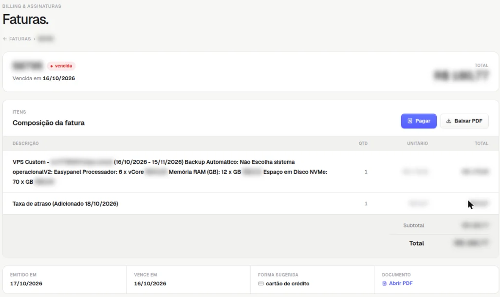 Detalhe da fatura: o status, o total, a composição com os itens cobrados, os botões Pagar e Baixar PDF, e as datas de emissão e de vencimento
