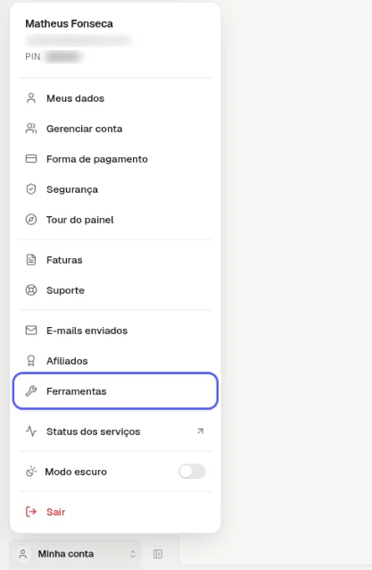 Menu Minha conta aberto com a opção Ferramentas destacada