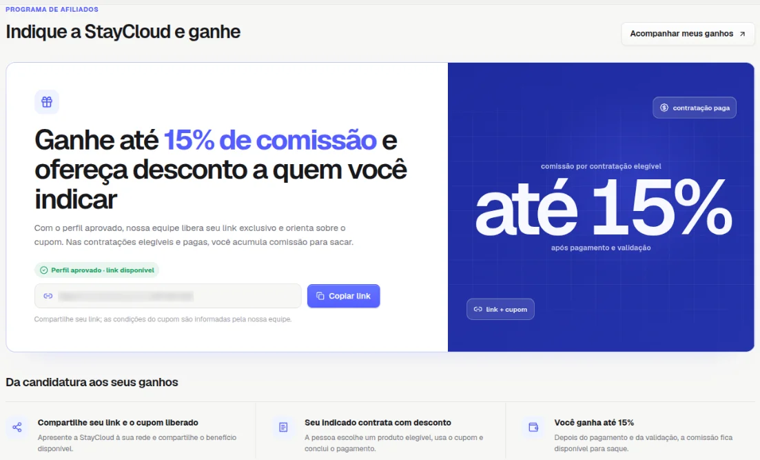 Página Indique a StayCloud e ganhe com o selo Perfil aprovado, o link de afiliado, o botão Copiar link e o destaque de até 15% de comissão