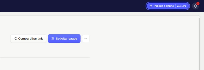 Topo do painel com o botão Indique e ganhe destacado, ao lado do sino de notificações