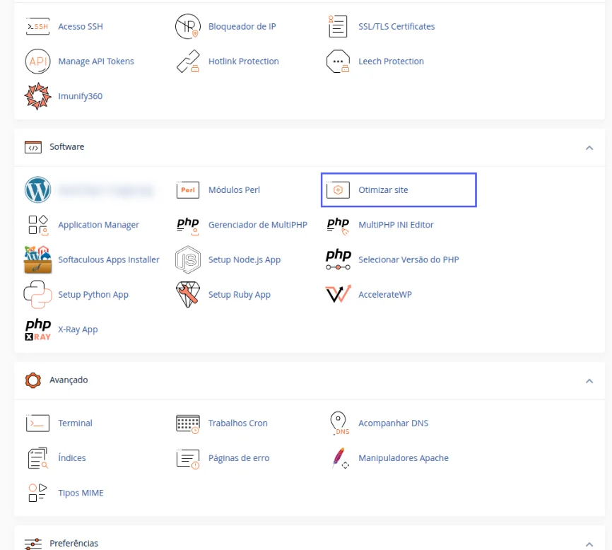 Bloco Software da tela inicial do cPanel com o ícone Otimizar site destacado