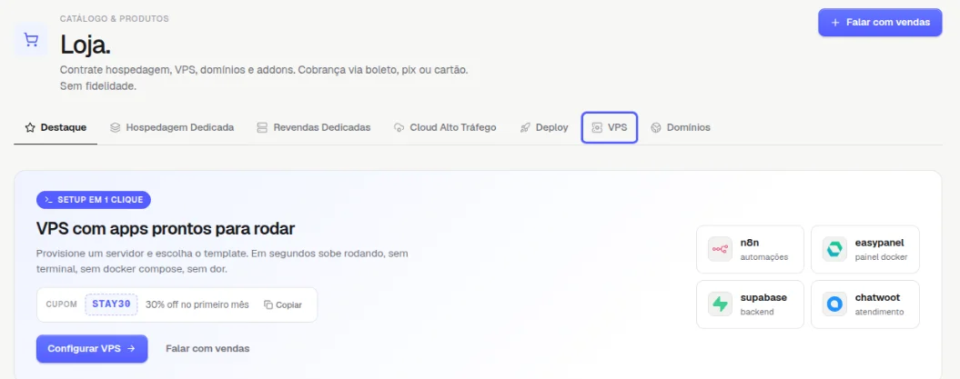 Página da Loja com as abas Destaque, Hospedagem Dedicada, Revendas Dedicadas, Cloud Alto Tráfego, Deploy, VPS e Domínios, com a aba VPS destacada