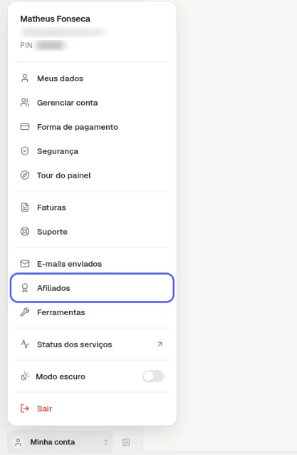 Menu Minha conta aberto com a opção Afiliados destacada