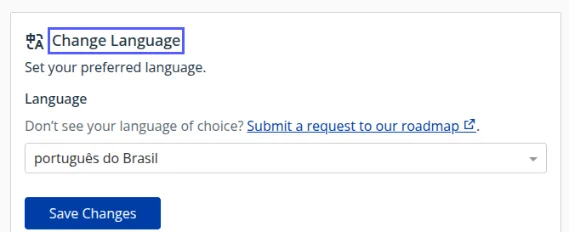 Quadro Change Language com a lista Language mostrando português do Brasil e o botão Save Changes
