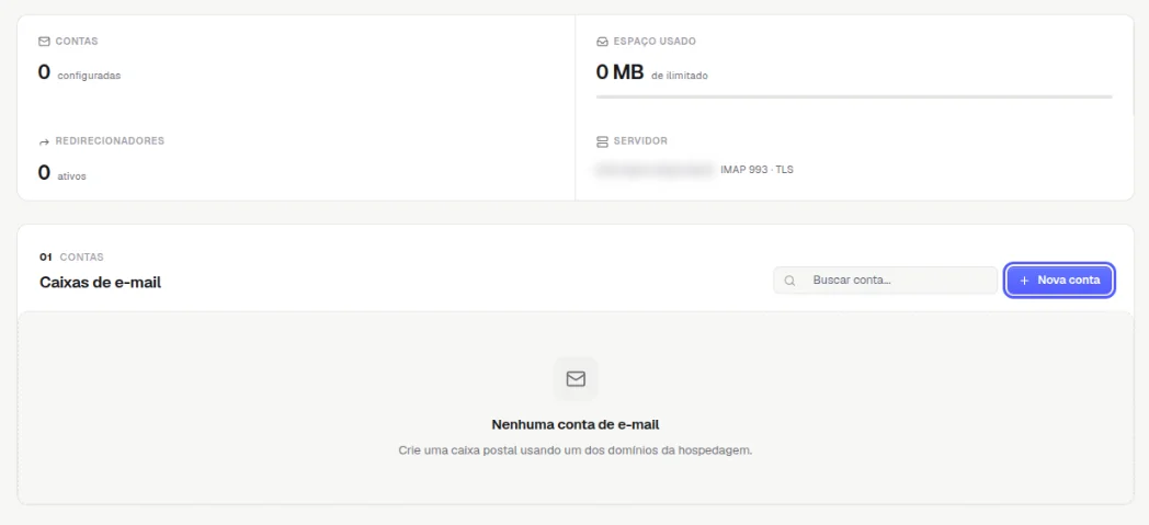 Aba E-mails com o resumo de contas, espaço usado, redirecionadores e servidor borrado, e o bloco Caixas de e-mail com o botão Nova conta destacado
