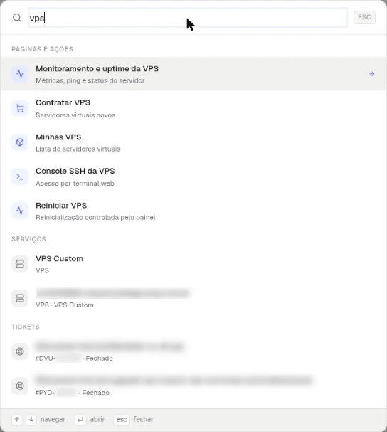 Busca rápida com o termo vps e os grupos Páginas e ações, Serviços e Tickets