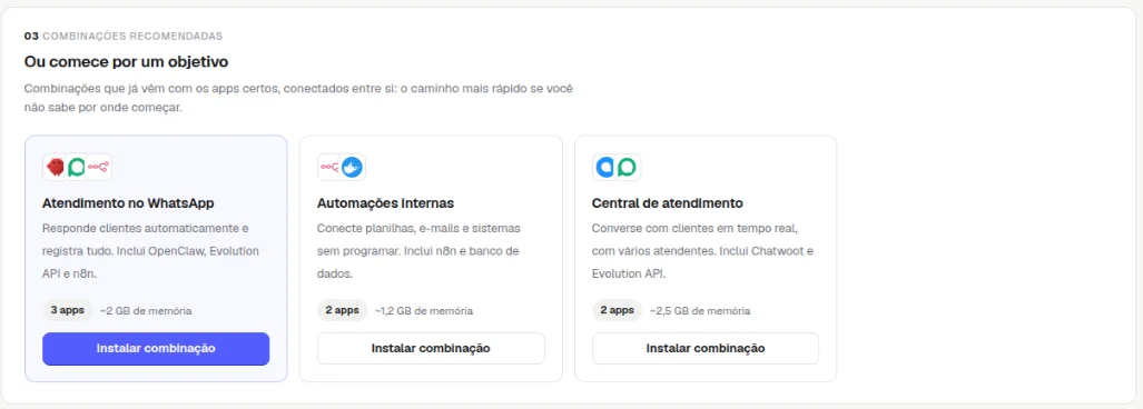 Combinações recomendadas com o botão Instalar combinação em cada uma