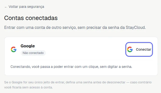 Página Contas conectadas com o Google não conectado e o botão Conectar destacado