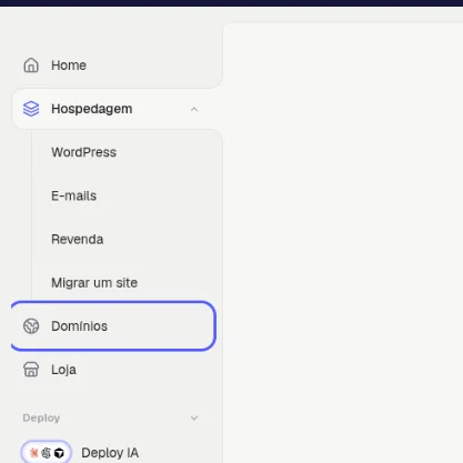 Menu da esquerda do painel com o item Domínios destacado