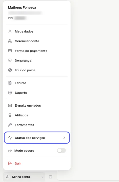 Menu Minha conta aberto com a opção Status dos serviços destacada