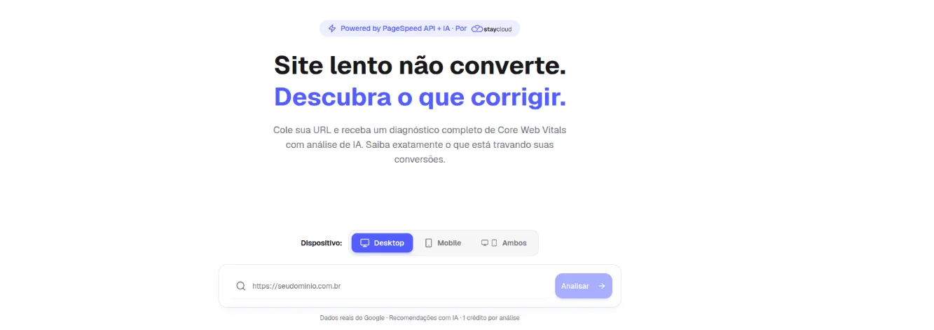 Tela Testar Site do StayFast com o título Site lento não converte, a escolha de dispositivo Desktop, Mobile ou Ambos, o campo de endereço e o botão Analisar