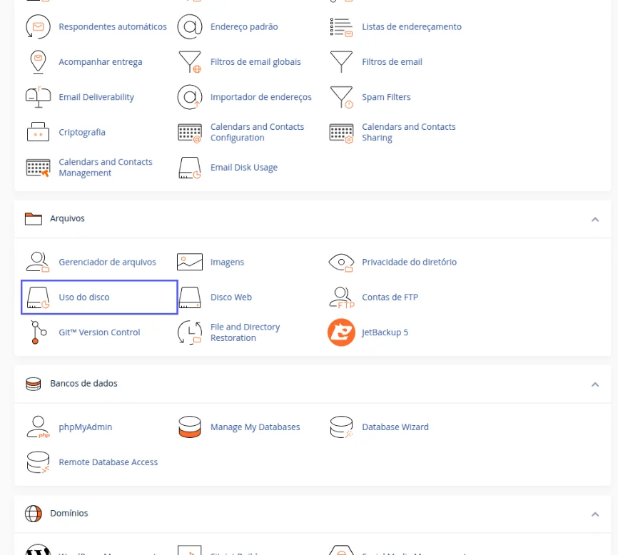Bloco Arquivos da tela inicial do cPanel com o ícone Uso do disco destacado, ao lado de Gerenciador de arquivos e Contas de FTP