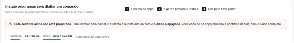 Topo da aba Apps com as etapas Escolha os apps, A gente prepara e instala e Use pelo navegador, e o uso de memória e disco
