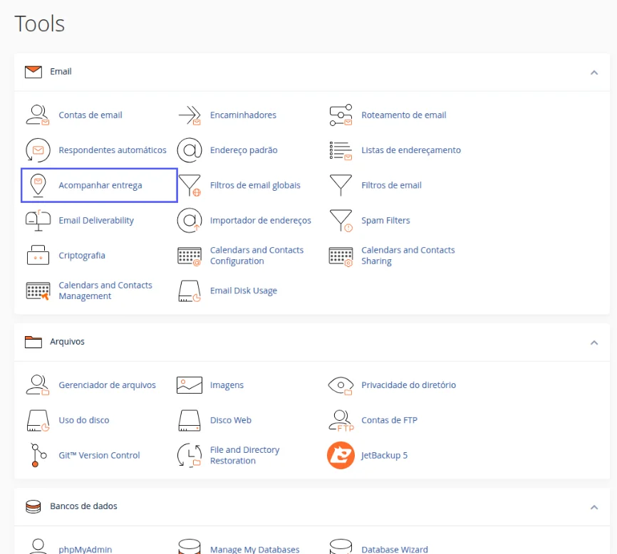 Bloco Email da tela inicial do cPanel com o ícone Acompanhar entrega destacado