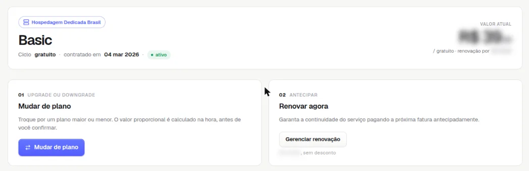 Topo da aba Plano com o nome do plano, ciclo, data de contratação, status ativo e valor atual borrado, e o bloco Mudar de plano