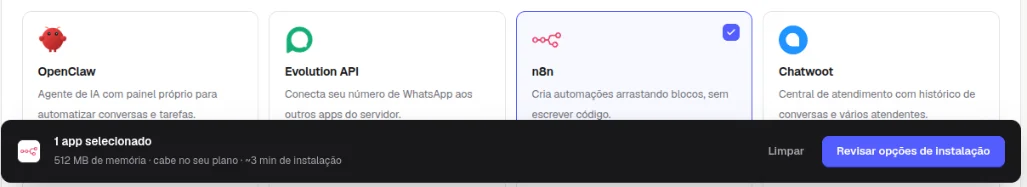 Card do n8n marcado e a barra 1 app selecionado, com 512 MB de memória, cabe no seu plano, e os botões Limpar e Revisar opções de instalação