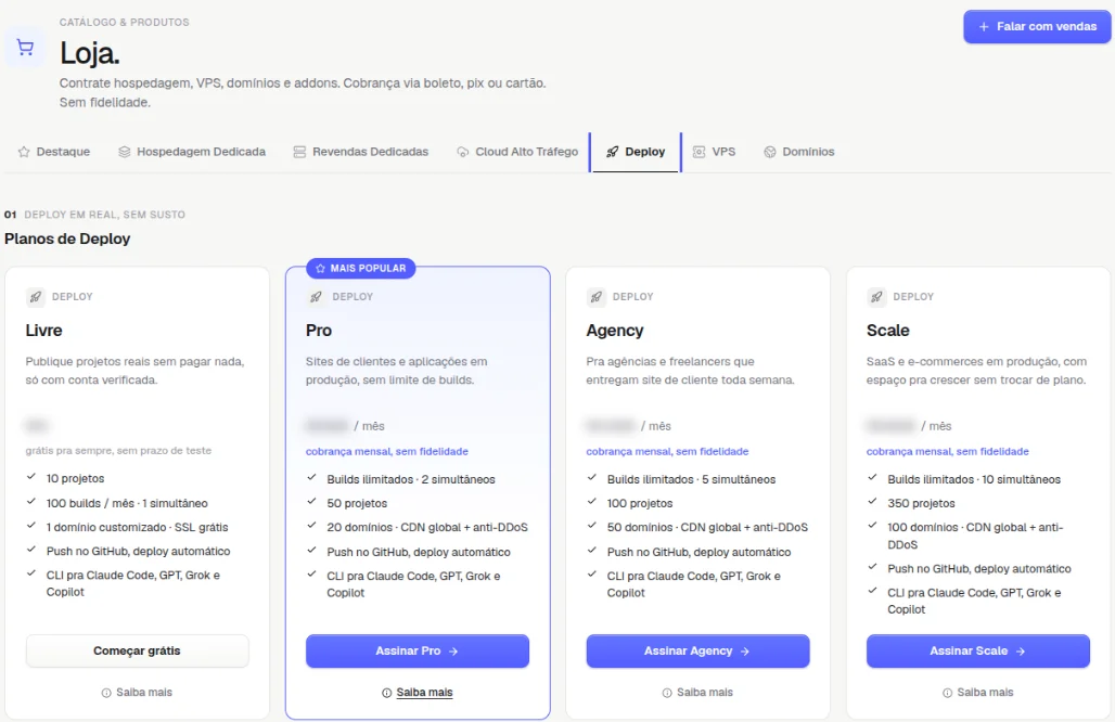Aba Deploy da Loja com os planos Livre, Pro, Agency e Scale e os limites de projetos, builds e domínios de cada um