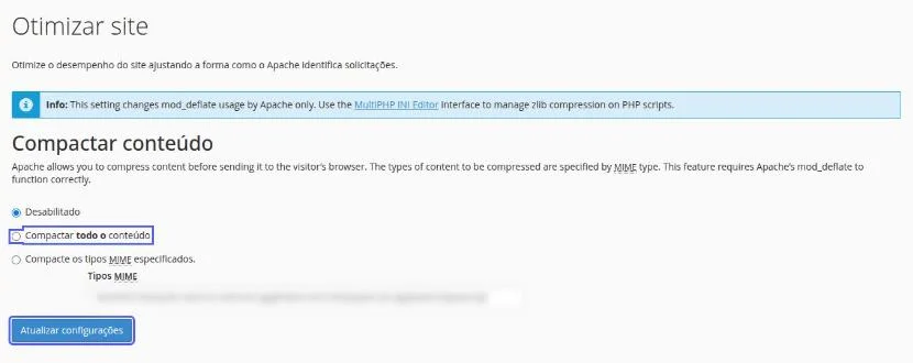 Página Otimizar site com a seção Compactar conteúdo, as opções Desabilitado, Compactar todo o conteúdo (destacada) e Compacte os tipos MIME especificados, e o botão Atualizar configurações destacado