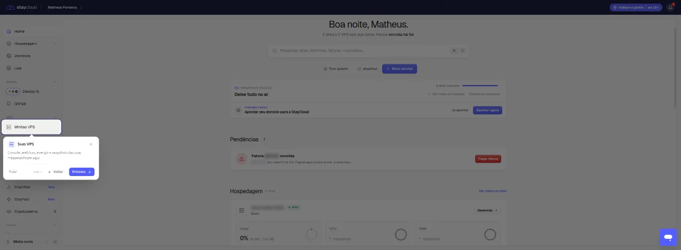 Passo 2 do tour, Suas VPS, com o item Minhas VPS do menu destacado