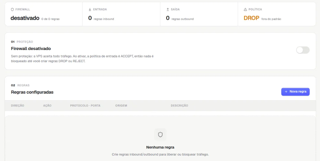 Aba Firewall da VPS: o resumo com o estado do firewall e as regras, o interruptor para ativar e a lista Regras configuradas com o botão Nova regra