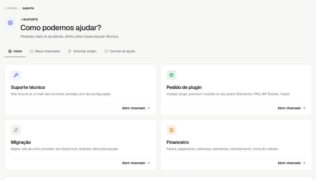 Página Suporte, Como podemos ajudar?, com os quatro tipos de chamado: Suporte técnico, Pedido de plugin, Migração e Financeiro, cada um com Abrir chamado