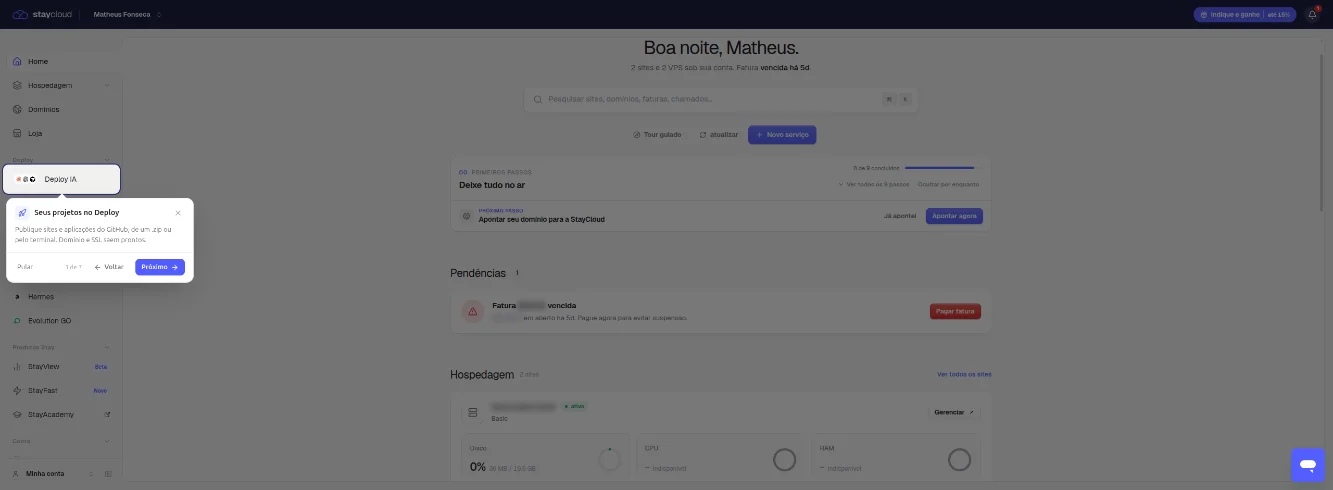 Passo 3 do tour, Seus projetos no Deploy, com o item Deploy IA do menu destacado