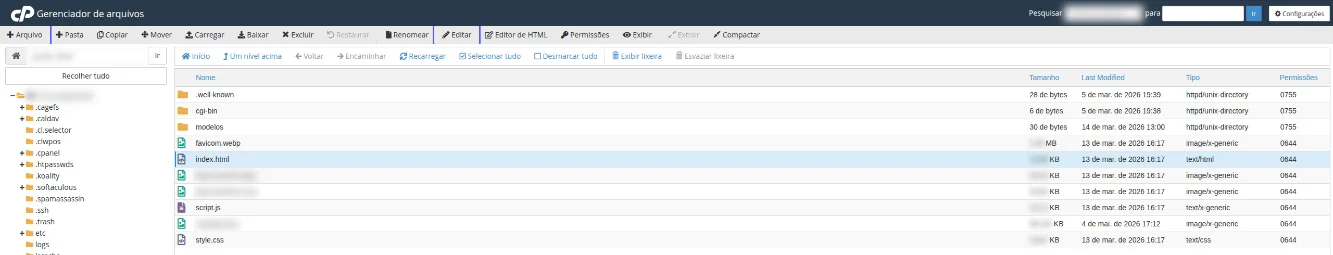 Gerenciador de arquivos com a pasta public_html aberta e os botões + Arquivo e Editar destacados na barra do topo
