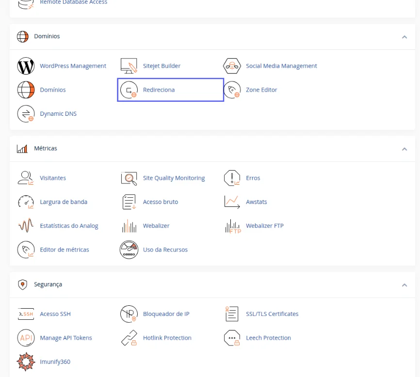 Bloco Domínios da tela inicial do cPanel com o ícone Redireciona destacado, ao lado de Domínios e Zone Editor