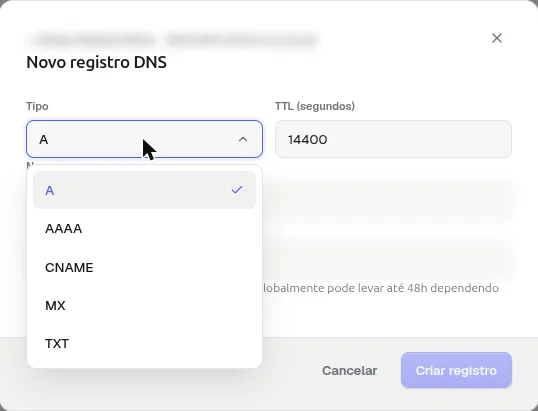Janela Novo registro DNS com a lista Tipo aberta mostrando A, AAAA, CNAME, MX e TXT