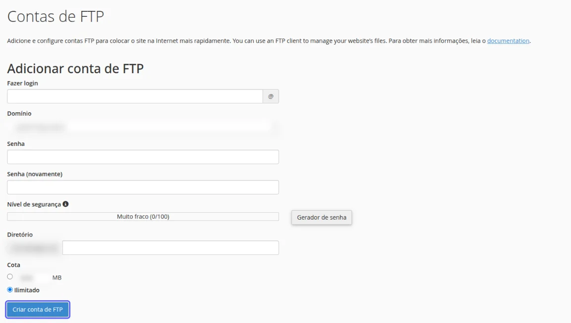 Formulário Adicionar conta de FTP com os campos Fazer login, Domínio, Senha, Senha (novamente), Nível de segurança, Gerador de senha, Diretório e Cota, e o botão Criar conta de FTP destacado