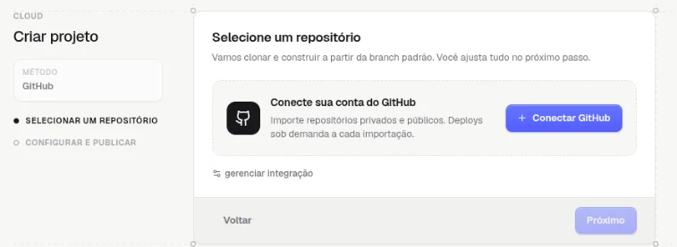 Etapa Selecione um repositório com o quadro Conecte sua conta do GitHub, o botão Conectar GitHub, o link gerenciar integração e os botões Voltar e Próximo